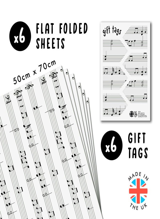 CENTRAL 23 White Wrapping Paper - 6 Sheets of Gift Wrap and Tags - Musical Notes - Music - Birthday Wrapping Paper for Men Women - Comes with Fun Stickers - Recyclable - Image 2